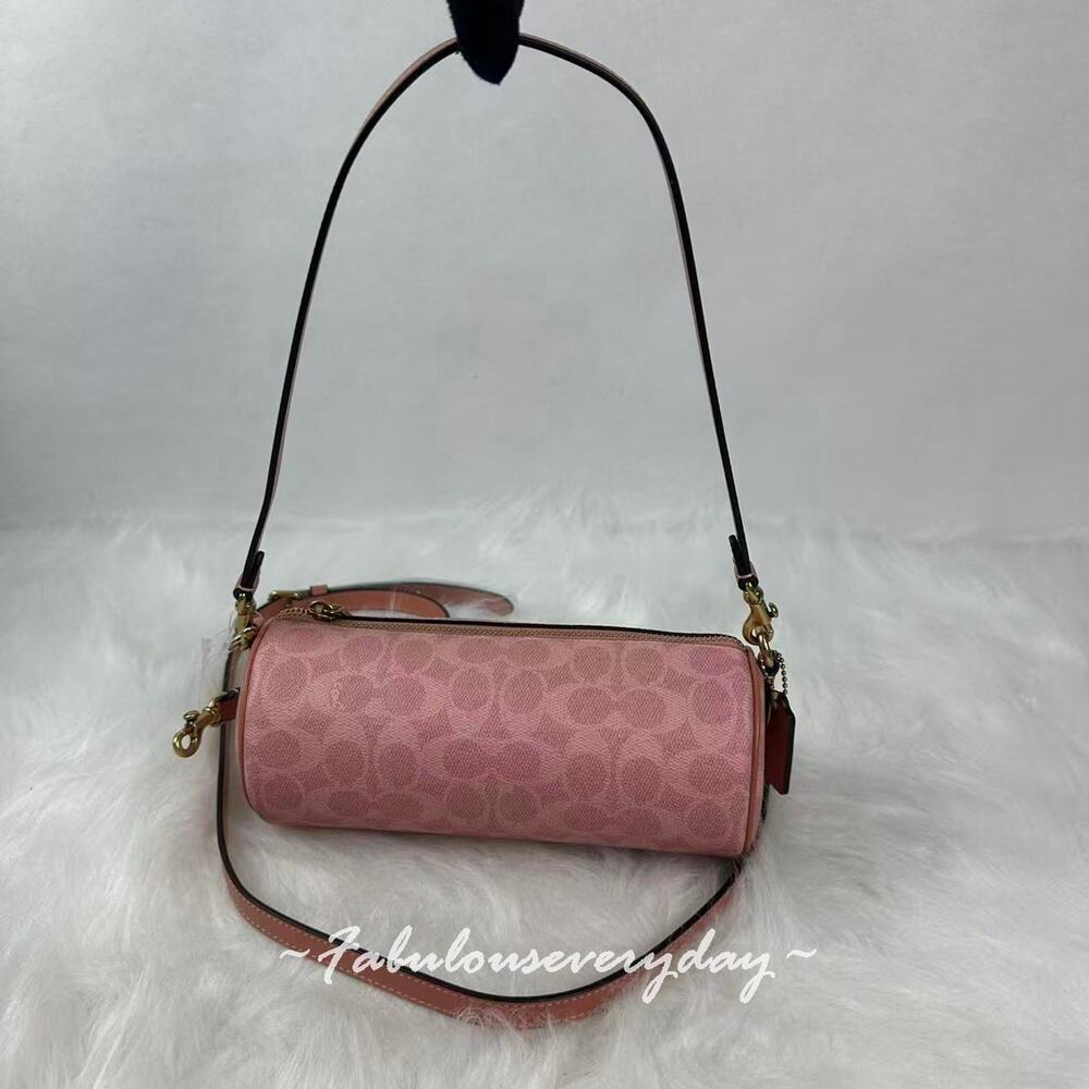 Coach Barrel Bag Shoulder/Crossbody In Signature Canvas/Brass/Melon Pink CDY79